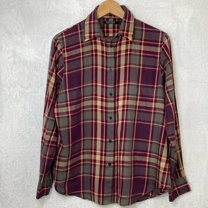 Women’s Ralph Lauren Purple Tan Red Plaid 100% Cotton Button Down Shirt Size M